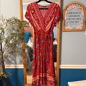 Bloomchic Red Floral V-Neck Wrap Maxi Dress -  Women